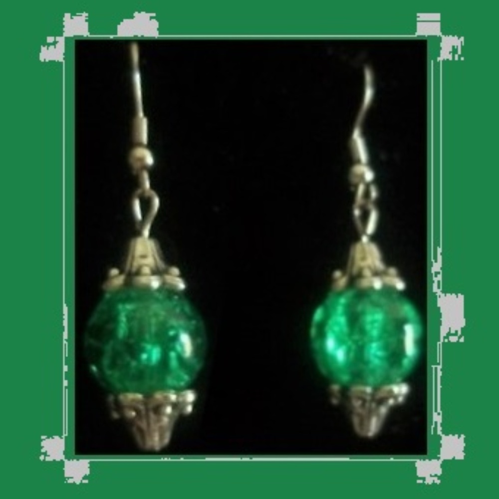 Green Crystal Ball in Antique Silver Earrings